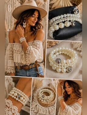 Ivory Pearl Beaded Plus Size Stackable Bracelet Set | Elegant Layered Stretch